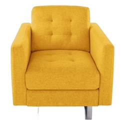 Pellucid Yellow Linen Fabric Armchair with Metal Legs - Side Pockets - and Pillow 