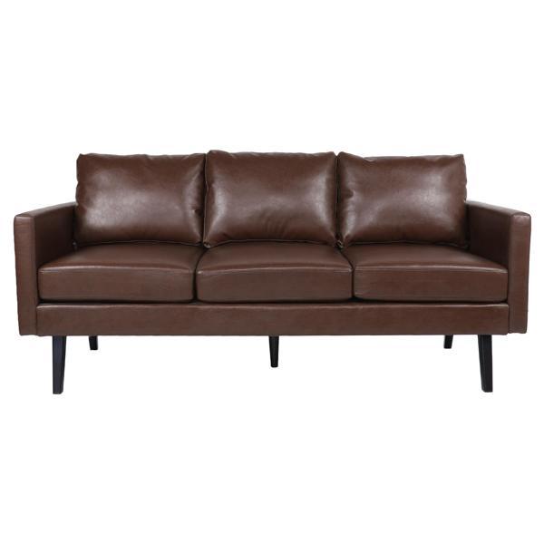 Xylophia 74" 3 Seater Sofa - Dark Brown Faux Leather - Birch Wood Legs 