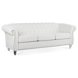 Eldridge 84" Rolled Arm Chesterfield 3 Seater Sofa - White Teddy Velvet Cover - Acrylic Legs 