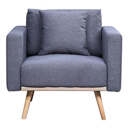 Mirella 32.5" Dark Gray Linen Fabric Chair with USB Charging Ports Pockets & Pillows - Natural Color Wood Bottom Trim and Solid Wood Natural Color Leg 