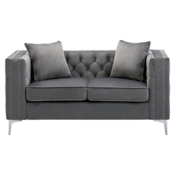 Verdanic 63" Loveseat with Handmade Nailhead Trim - Gray Velvet - Chrome Metal Legs 