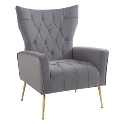 Fitzgerald Modern Accent Chair with Ottoman - Grey Velvet - Iron Legs 