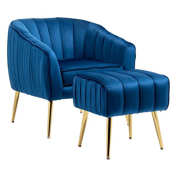 Sagebury Velvet Accent Chair with Ottoman - Blue - Golden Legs 