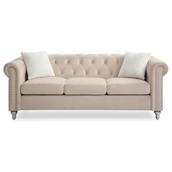 Aurora Loveseat with Faux Jeweled Tufted Design - Beige Velvet - Hand Painted Wood Legs 