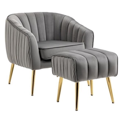 Sagebury Velvet Accent Chair with Ottoman - Grey - Golden Legs 