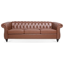 Eldridge 84" Chesterfield Three Seater Sofa - Brown Polyurethane Fabric - Birch Legs 