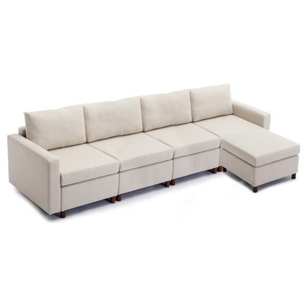 Davenport 112" Sectional Sofa with 1 Ottoman - Cream Linen Fabric - Rubberwood Frame 