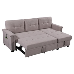 Narvina " 84" Light Gray Reversible Sleeper Sectional Sofa with Storage Chaise, USB Charging Ports and Pocket - Light Gray Linen Fabric - Solid Wood Frame 