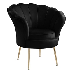 Astrid 34" Black Velvet Scalloped Back Barrel Accent Chair with Metal Legs 