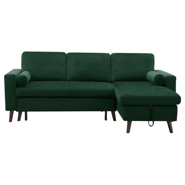 Yellowknife 88" Sectional Storage Sofa Bed - Green Velvet Fabric - Solid Wood Frame 