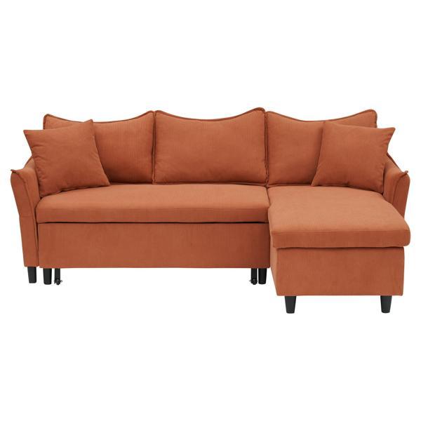 Carmarthen 80" Sofa Bed with 2 Throw Pillows - Orange Corduroy Fabric - Solid Wood Frame 