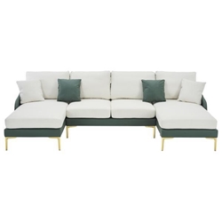 Cobalt Cove 108" Modern Sectional Sofa with Extra-Wide Double Chaise Longue - Cyan Linen and Leathaire Fabric - Golden Legs 