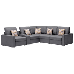 Briallen 106" Sectional Sofa with Console Table - Gray Linen Fabric - Interchangeable Legs 