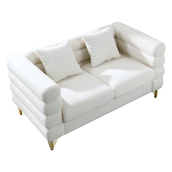 Ixalan 60" Oversized 2 Seater Sectional Loveseat - Ivory Teddy Fabric - Gold Polished Metal Legs 