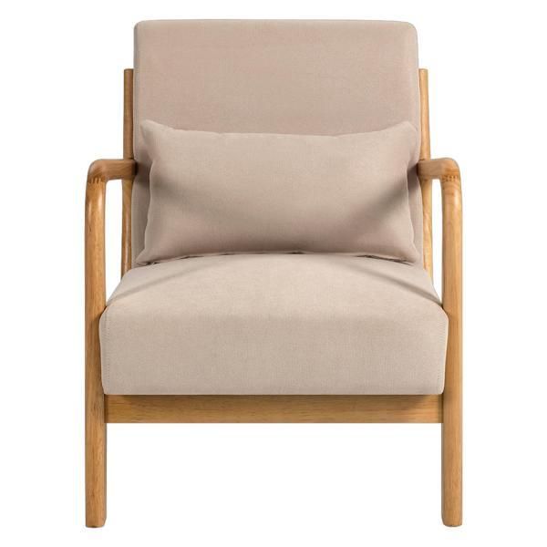 Tallahassee Leisure Chair with Solid Wood Armrest and Feet - Beige Linen Fabric - Mid-Century Modern Accent Sofa 