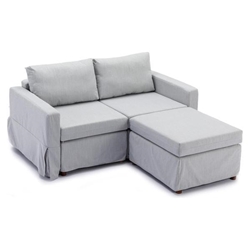 Davenport 61" 2 Seater Sectional Loveseat with 1 Ottoman - Light Grey Linen Fabric - Rubberwood Frame 