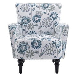 Asteria - Modern Accent Armchair - White Blue Linen - Solid Wood Feet 