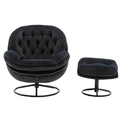 Terraverd Accent Chair with Ottoman - Black Velvet - Black Metal Legs 