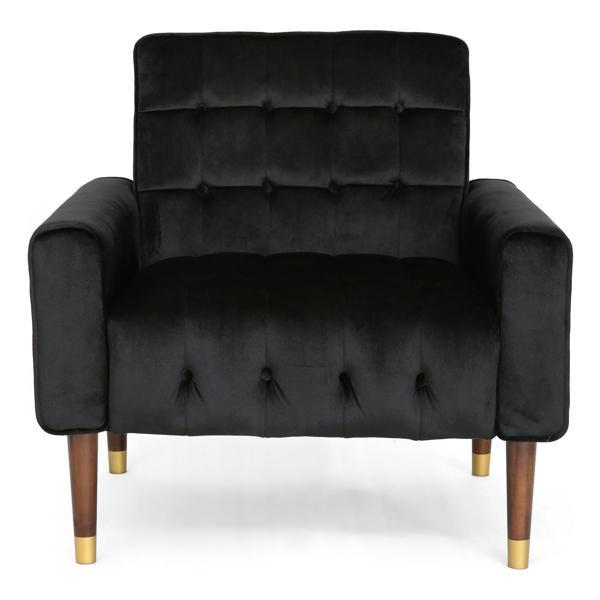 Undinella Comfy Arm Chair with Tufted Back - Modern for Living Room, Bedroom and Study - Black Velvet Fabric - Birch Wood Legs 