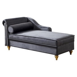 Dawnflower Chaise Lounge with Storage - Grey Velvet - Gold Metal Legs 