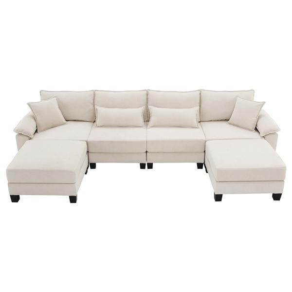 Camberwell 133" Sectional Sofa - 6 Seat Reversible with Armrest Bags - Beige Corduroy - Solid Wood Frame and Legs 