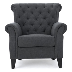 Isolde Comfy Accent Chair with Tufted Backrest - Dark Gray Fabric - Birch Wooden Legs 