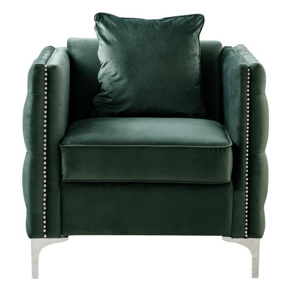 Highcroft 34" Green Velvet Chair with 1 Pillow - Chrome Metal Legs 