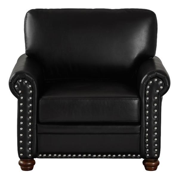 Morton Living Room Sofa Single Seat Chair with Wood Leg - Black Faux Leather - Brown Finish Legs 