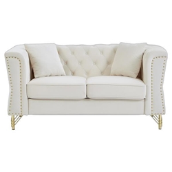 Vauxhall 60" Chesterfield Loveseat - Beige Velvet - Metal Foot and Nailhead 