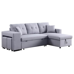 Kaidryn 93" Light Gray Linen Fabric Reversible Sleeper Sectional with Storage Chaise and 2 Stools 