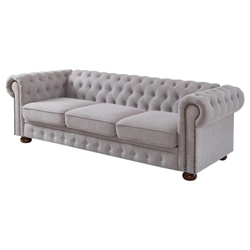 Ucluelet 88" Chesterfield Sofa - Light Grey Linen Fabric - Solid Wood Frame and Legs 