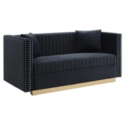 Parchment Velvet Loveseat - Black - Vertical Channel Tufted 