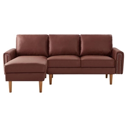 Wembley 82" L-Shape Sectional Sofa with Chaise - Mid-Century Copper Nail Arms - Strong Wooden Legs - Suede Fabric - Left Chaise - Dark Brown 