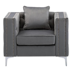 Quorin Gray Velvet Chair - Handmade Nailhead Trim - Chrome Metal Legs 