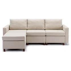 Davenport 86" Sectional Sofa with 1 Ottoman - Cream Linen Fabric - Rubberwood Frame 