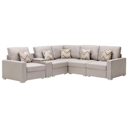 Samaris 106" Sectional Sofa with USB, Charging Ports, Cupholders, Storage Console Table and Pillows - Beige Linen Fabric - Interchangeable Legs 