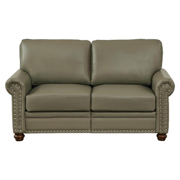 Morton 59" Loveseat - Grey Faux Leather - Brown Finish Legs 