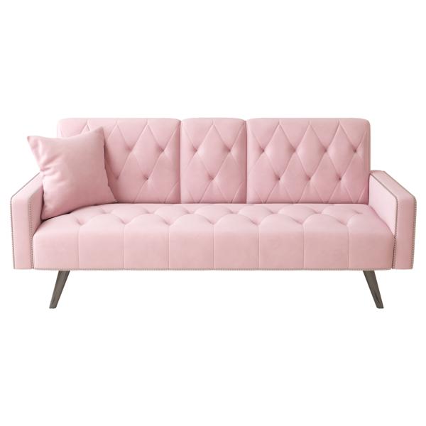 Zenitha 72" Sofa Bed with Armrests and Nail Head Trim - Pink Velvet - Solid Wood Frame 