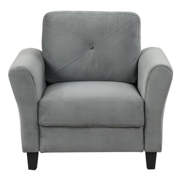 Inglewood Fashionable Armchair - Antique Dark Grey Polyester Fabric - Brown Rubberwood Frame - Black Plastic Legs 