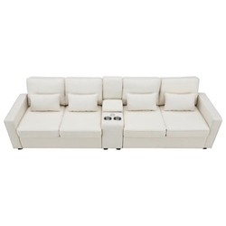 Lancaster 114" Sofa with Console - Beige Linen Fabric - Solid Wood Frame 