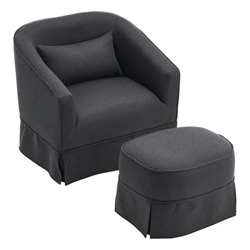 Sawyeridge Swivel Accent Chair with Ottoman - Black Linen Upholstery - Black Metal Base 