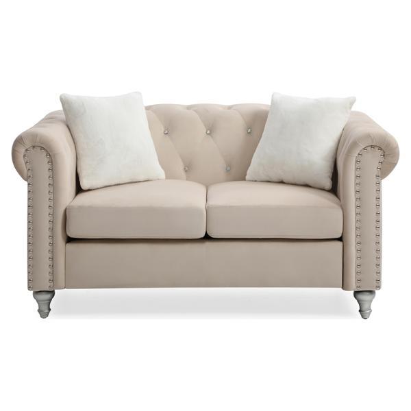 Calan Loveseat - Beige Velvet - Hand Painted Wood Legs 