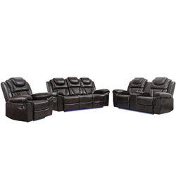 Valkira Recliner Sofa Set with Center Console and LED Light Strip - Brown Faux Leather - 3-Piece 