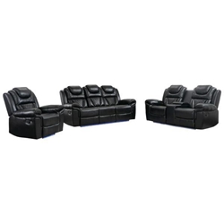 Valkira Recliner Sofa Set with Center Console and LED Light Strip - Black Faux Leather - 3-Piece 