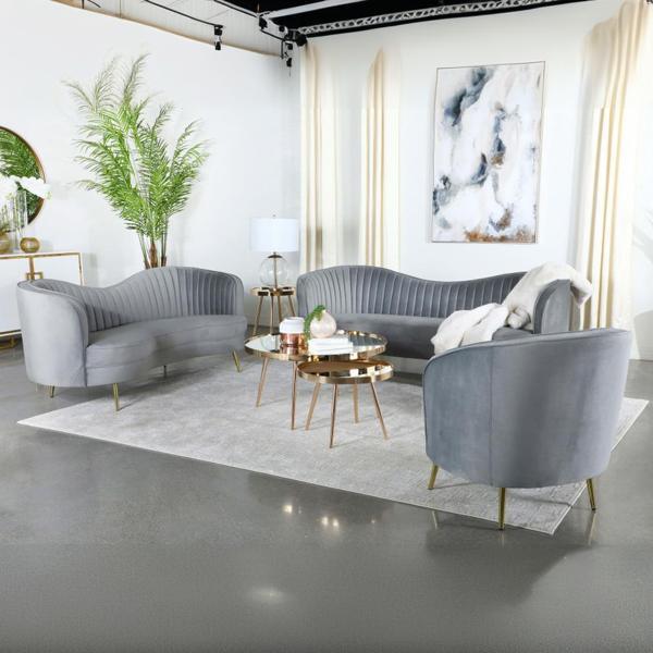 Sophia Upholstered Channel Tufted Sofa Set - Grey - Gold Finish Stainless Steel Legs - 3-Piece 