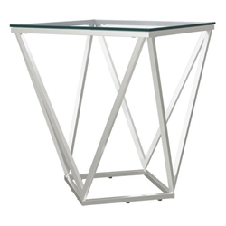 Brittania Square Glass Top Geometric End Table - Nickel Finish Metal - Silver 