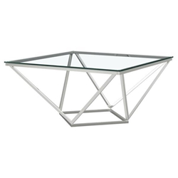 Brittania Square Glass Top Geometric Coffee Table - Nickel Finish Metal - Silver 