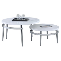 Avilla Round Marble Top Coffee Table Set - White - Chrome Finish Metal Base - 2-Piece 