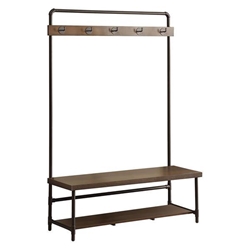 Alise 5 Hook Coat Rack Hall Tree with Shoe Bench - Chestnut - Brown 