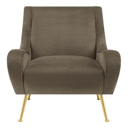 Ricci Accent Chair with Saddle Arm - Truffle Velvet Upholstery - Gold Metal Legs - Brown 